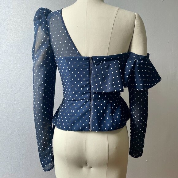 COPY - Self Portrait One Shoulder Dotted Navy Plumetis Frill Top Blue Size 2 - Picture 4 of 10